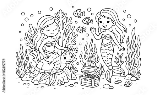 Playful mermaid scene with treasure chest and marine friends in black and white