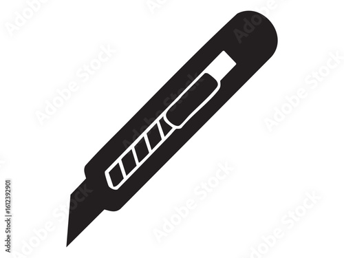 Black silhouette of utility knife with retractable blade isolated on white background, graphic illustration. concept of cutting, sharp tool, icon, logo, design element