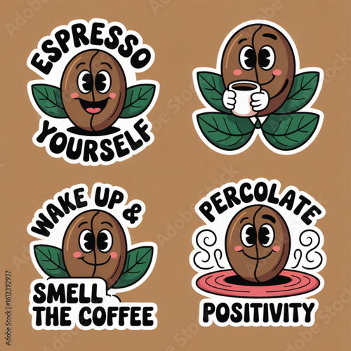  funny coffee bean cartoon characters with espresso puns vector illustration banner