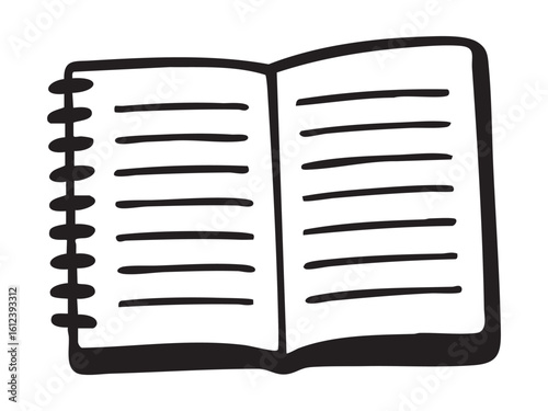 Black silhouette of spiral notebook with open pages, isolated on white background, graphic illustration. concept of writing, stationery, paper, icon, note-taking, design element