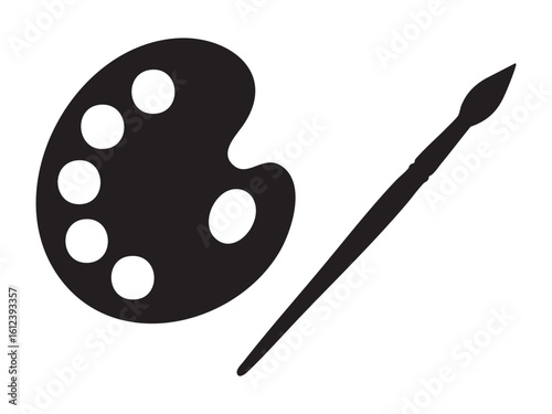 Black silhouette of artist paint palette and brush isolated on white background, graphic illustration. concept of art, painting tool, creative hobby, icon, design element
