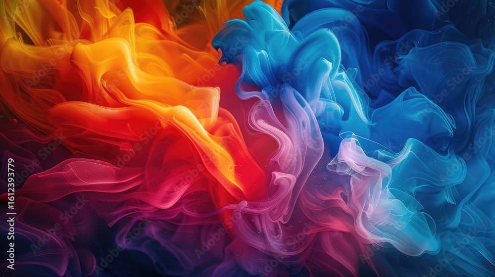Obraz premium Abstract swirling vibrant hues of orange, red, blue, and purple inks intermingle, creating a dynamic and energetic composition