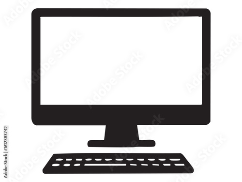 Black silhouette of desktop computer with monitor and keyboard isolated on white background. concept of technology, gadget, icon, office equipment, design element