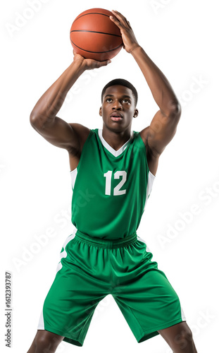 Determined young athlete in green jersey holding basketball ready to score