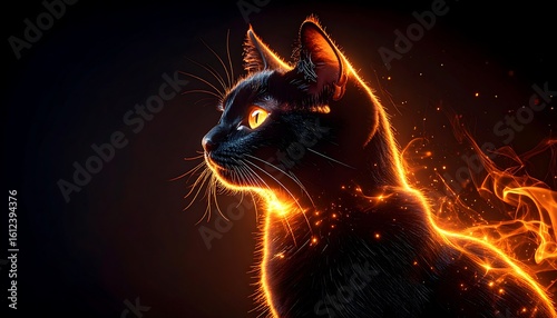 Black cat silhouette with fiery glow