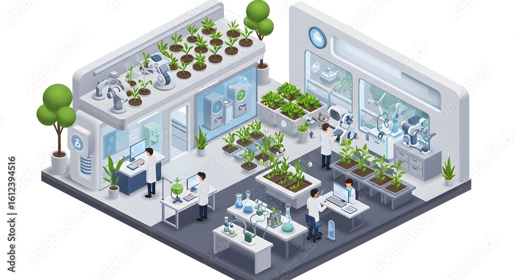 Obraz premium Isometric view of a futuristic biotechnology laboratory where scientists conduct innovative research on plant growth and genetics.