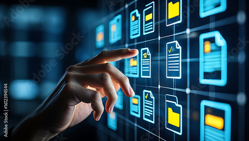 Close up of a human hand interacting with a futuristic digital interface displaying glowing data files and icons on a dark background