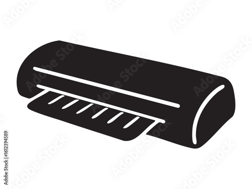 Black silhouette of office laminator machine with paper sheet, isolated on white background, graphic illustration. Concept of document protection, office equipment, plastic lamination, design element