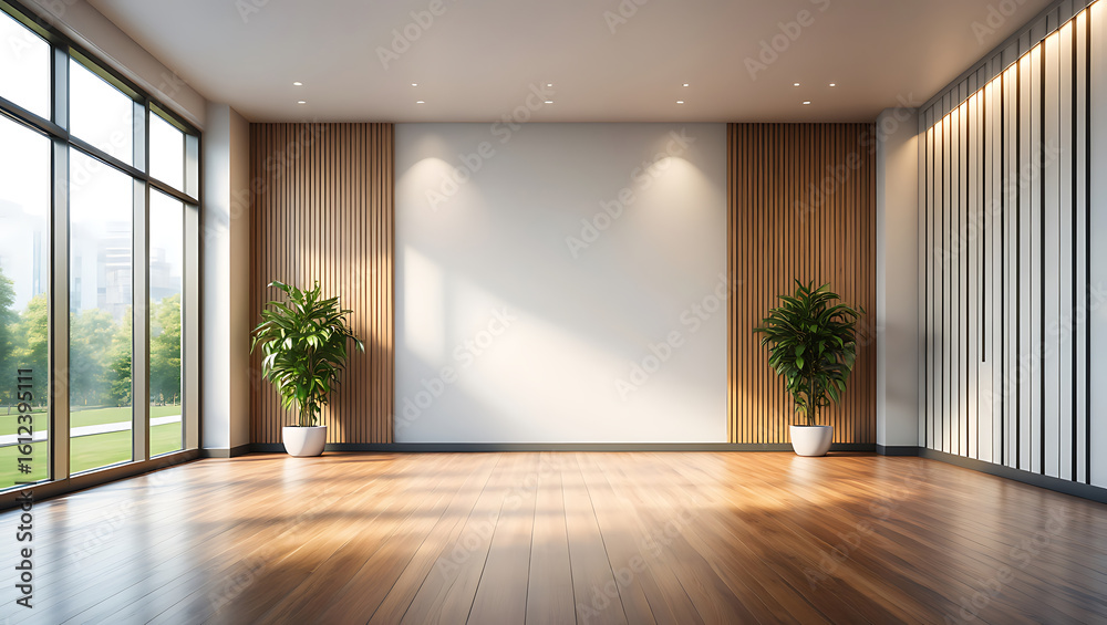 Fototapeta premium Empty modern room with large windows natural light wooden floor and two potted plants creating a bright and airy atmosphere