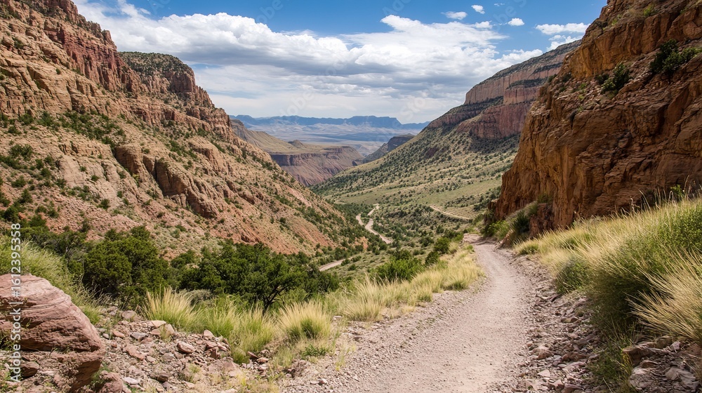 Fototapeta premium Rocky canyon vista, trail leading down
