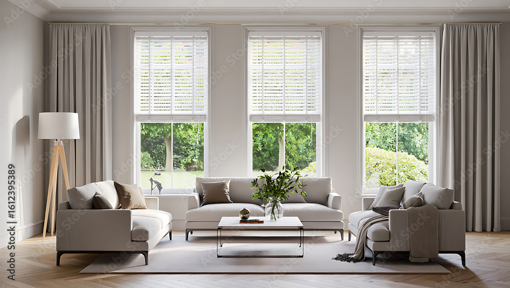 Fototapeta premium Elegant living room with large windows comfortable seating and natural light creating a serene and inviting atmosphere
