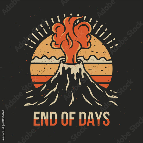 Vector t-shirt design Vintage retro sunset black style design of a cartoon Gibbons A volcano with flames rising from it and Lava is falling from it, text “ end of days"
