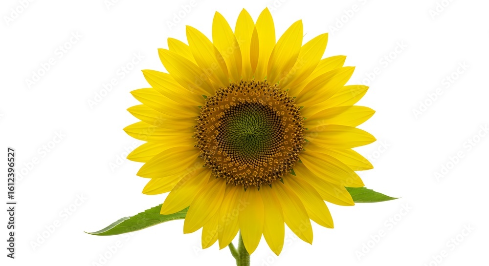 Fototapeta premium Vibrant yellow sunflower blooming brightly with detailed center and green leaves against a clean white background
