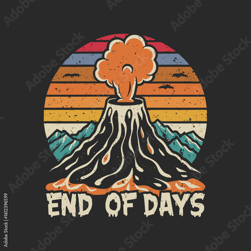 Vector t-shirt design Vintage retro sunset black style design of a cartoon Gibbons A volcano with flames rising from it and Lava is falling from it, text “ end of days"
