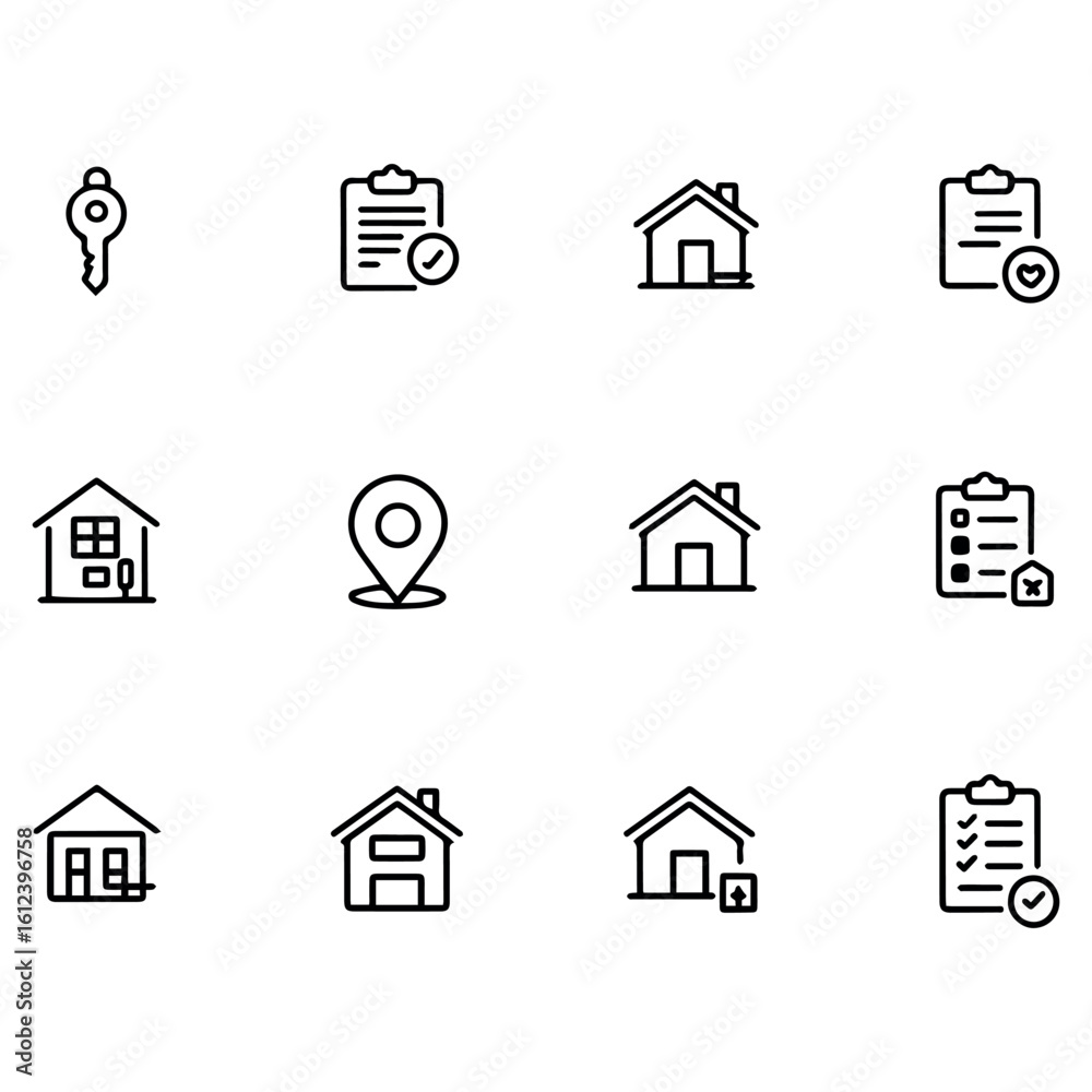 Obraz premium Clean and modern vector real estate property house home buying selling checklist location key vector icons set for web and print design