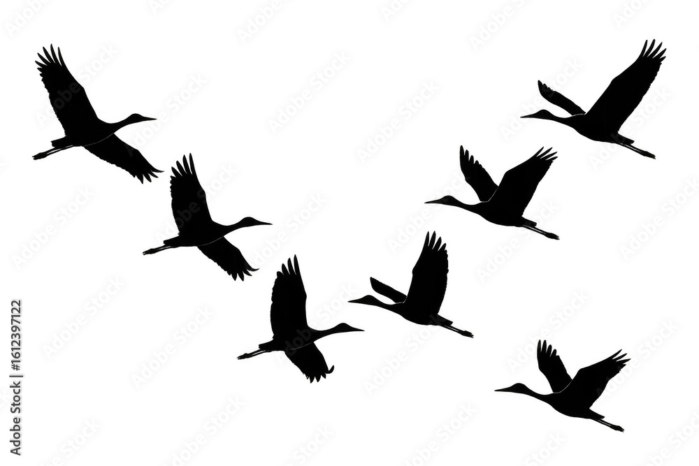 Obraz premium Flock of cranes flying with transparent background