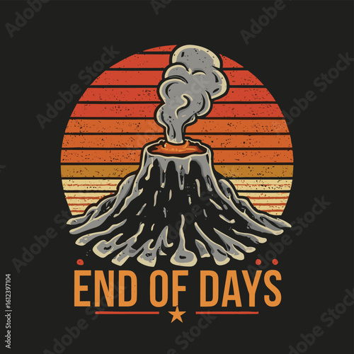Vector t-shirt design Vintage retro sunset black style design of a cartoon Gibbons A volcano with flames rising from it and Lava is falling from it, text “ end of days"
