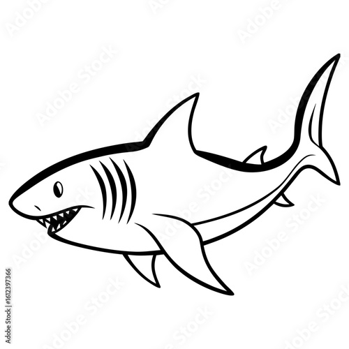 Vector art of a menacing shark glides through the water, isolated on white background, its sharp teeth a testament to its predatory nature