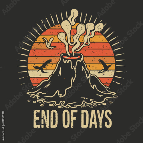 Vector t-shirt design Vintage retro sunset black style design of a cartoon Gibbons A volcano with flames rising from it and Lava is falling from it, text “ end of days"
