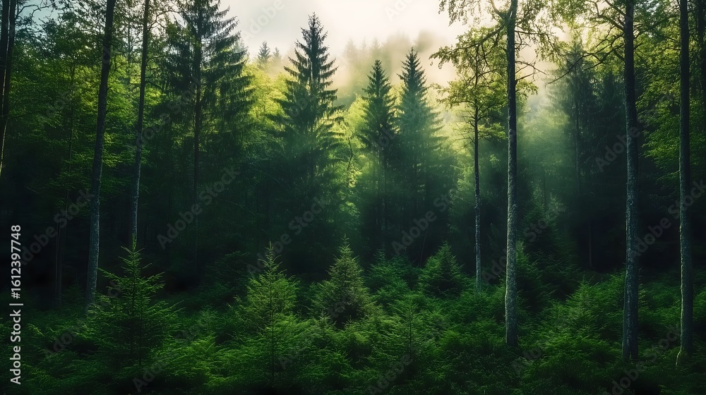 Fototapeta premium Dense misty coniferous forest with sunlight rays filtering through tall spruce and fir trees creating dramatic atmospheric lighting in temperate woodland ecosystem