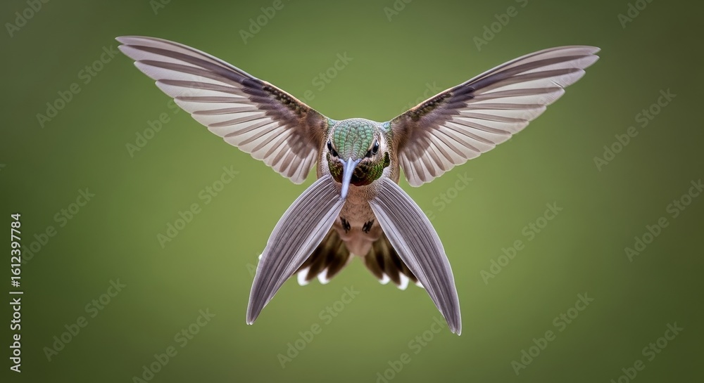 Obraz premium Magnificent hummingbird hovering in mid-flight with wings fully spread displaying detailed feather patterns against soft green background