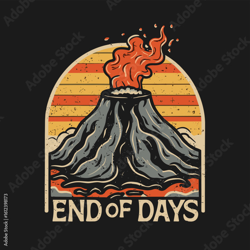 Vector t-shirt design Vintage retro sunset black style design of a cartoon Gibbons A volcano with flames rising from it and Lava is falling from it, text “ end of days"
