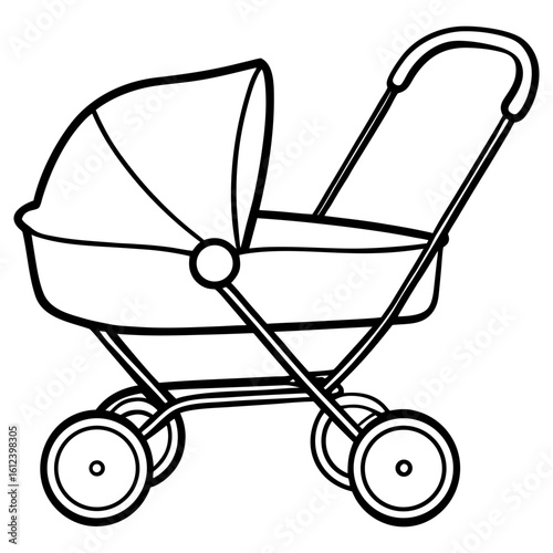Vector art of a black and white illustration of a baby stroller isolated on white background, perfect for designs related to parenthood and childcare