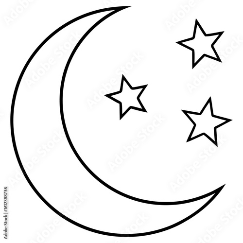 Vector art of a crescent moon shines brightly alongside three twinkling stars, isolated on white background