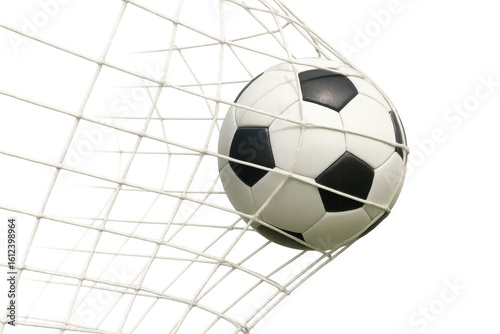 Soccer ball hitting the net goal with transparent background