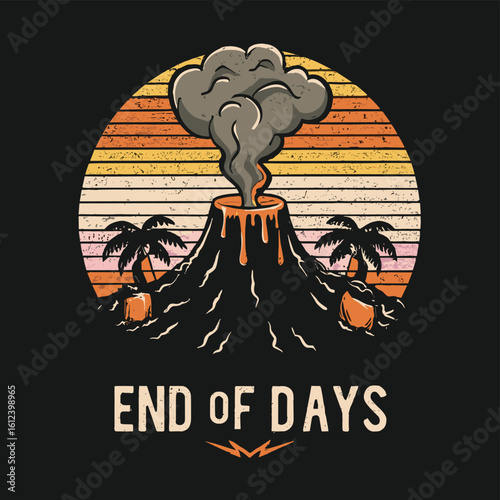 Vector t-shirt design Vintage retro sunset black style design of a cartoon Gibbons A volcano with flames rising from it and Lava is falling from it, text “ end of days"
