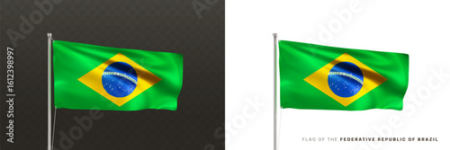 Realistic national flag of Federative Republic of Brazil on a metal flagpole isolated on black and white background. Waving in the wind flag. Brazilian country patriotic symbol. 3d vector illustration