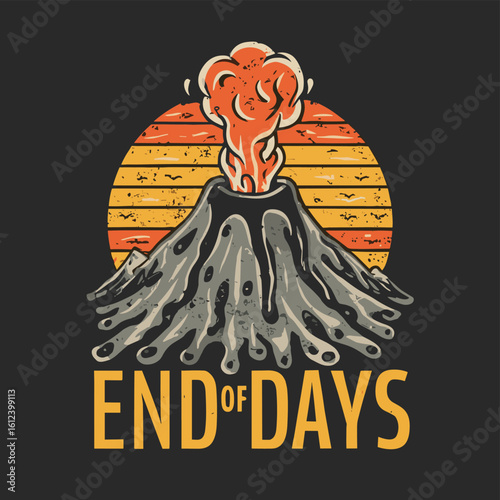 Vector t-shirt design Vintage retro sunset black style design of a cartoon Gibbons A volcano with flames rising from it and Lava is falling from it, text “ end of days"
