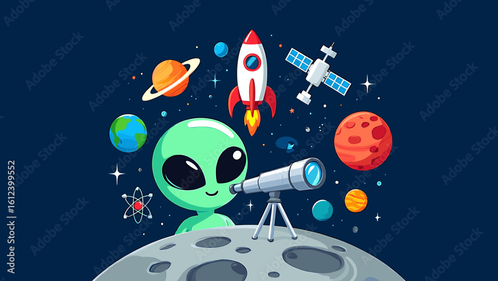 Fototapeta premium Cartoon alien observing space with a telescope from a moon with planets and a rocket around it