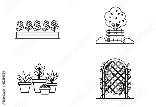 Four garden elements including flowers in a planter, bench with a tree, potted plants and an arbor with vines