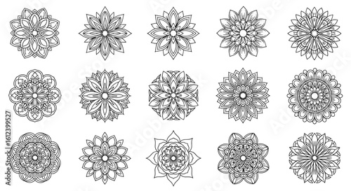Fifteen floral medallions arranged in rows with intricate petal and line work designs displayed nicely