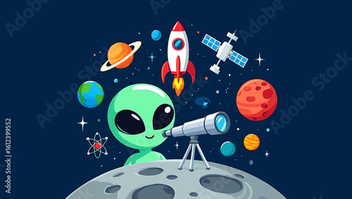 Cartoon alien observing space with a telescope from a moon with planets and a rocket around it