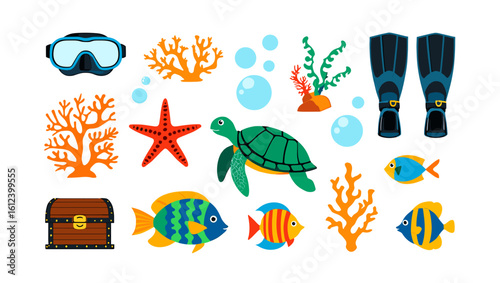 Underwater life featuring turtle, fish, starfish, corals, treasure chest, and diving gear elements