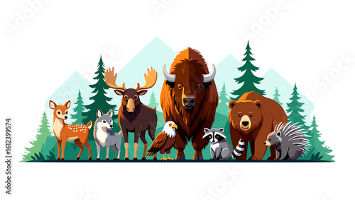 Group of diverse north american wildlife animals standing together in a forest with mountain peaks behind