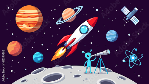 Illustration featuring a rocket, planets, alien, and satellite against a cosmic expanse view scene