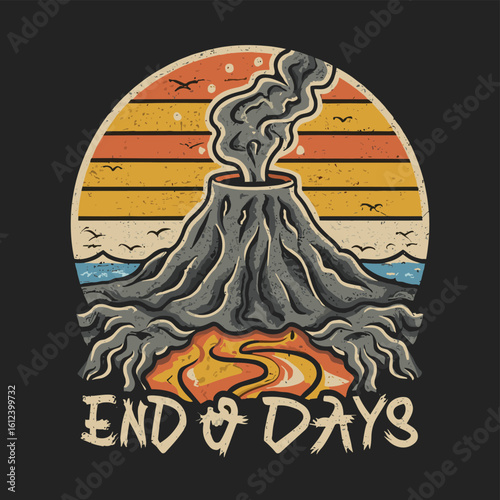 Vector t-shirt design Vintage retro sunset black style design of a cartoon Gibbons A volcano with flames rising from it and Lava is falling from it, text “ end of days"
