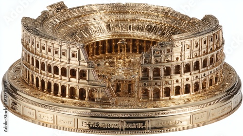 Gold Miniature Model of the Colosseum with Detailed Architectural Features