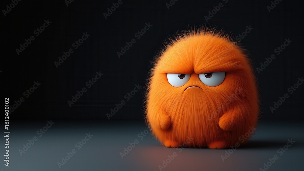 Fototapeta premium Small furry orange monster standing on dark gray surface with dark gray background looking angry with furrowed brows and pursed lips, 3d render