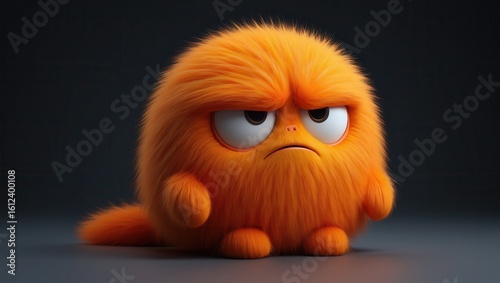 3d render of a grumpy orange furry monster showing anger and frustration on a dark gray background, perfect for children's illustrations, fantasy, and animation projects