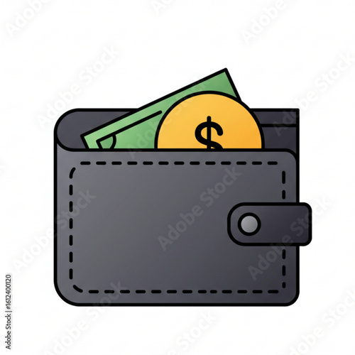Black Wallet with Cash Illustration. Wallet Containing Dollar Bills and a Coin. Money, Payment, Cash, Savings, Finance, Economy.

