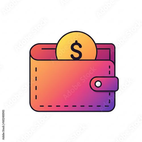 Gradient Wallet with Dollar Sign Illustration. Wallet with a Coin Featuring a Money Symbol. Finance, Money, Savings, Payment, Digital Wallet, Wealth.
