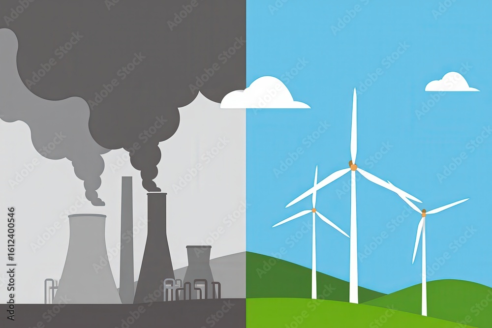 Obraz premium Factories emitting dark smoke into the atmosphere are contrasted with wind turbines generating clean energy, symbolizing the choice between harmful pollution and sustainable practices
