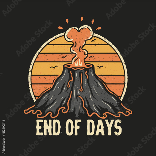 Vector t-shirt design Vintage retro sunset black style design of a cartoon Gibbons A volcano with flames rising from it and Lava is falling from it, text “ end of days"
