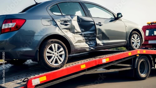 Gray damaged car from accident being transported on a red tow truck on a road with light in the background.
