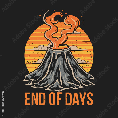 Vector t-shirt design Vintage retro sunset black style design of a cartoon Gibbons A volcano with flames rising from it and Lava is falling from it, text “ end of days"
