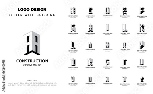 Set of letter A-Z monogram building logo design for real estate, architecture and construction company. Bundel logo initial
